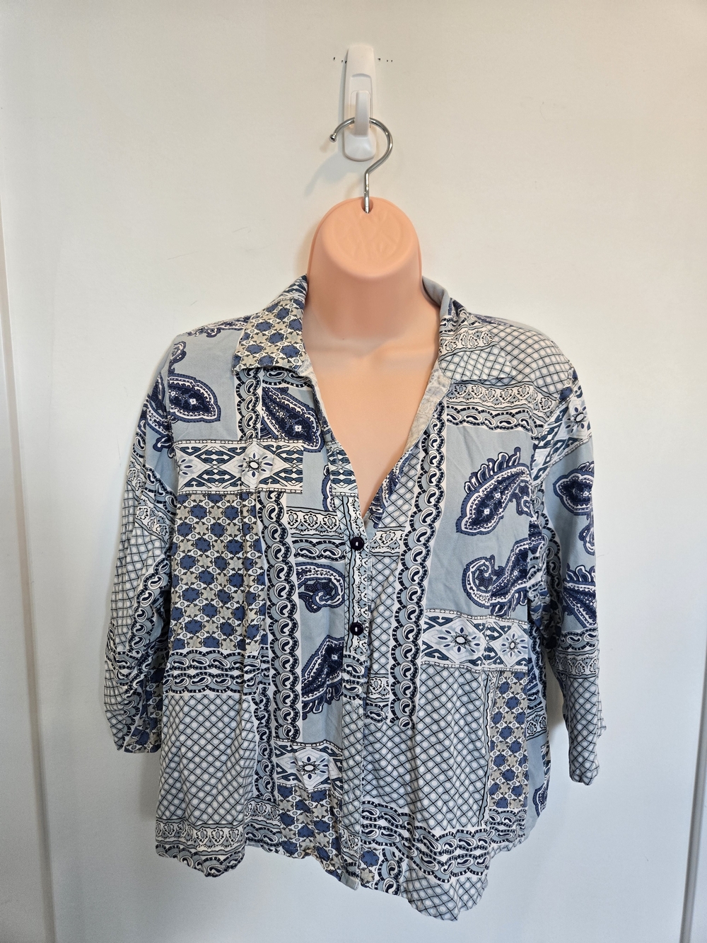 Blue White Paisley Patchwork Button Up Blouse 3/4 Sleeve
